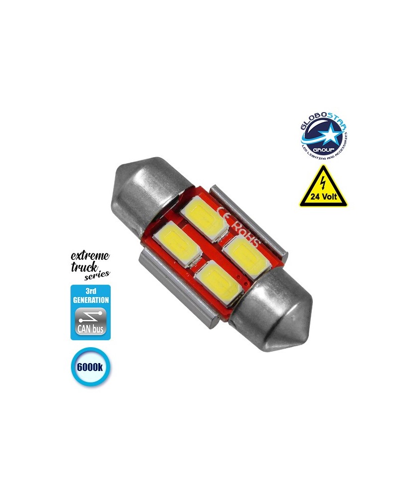 Σωληνωτός LED Extreme Truck Series Can-Bus 3ης Γενιάς 31mm 3w 24V Ψυχρό Λευκό 6000k GloboStar 81341